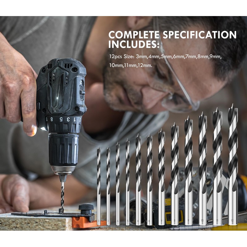 MACXCOIP Brad Point Wood Drill Bit Set, 12Pcs Metric Drill