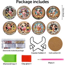uuxsretaio 8 P Highland Cow Diamond Painting Coaster Kits for Adults, DIY Coasters Diamond Art, Diamond Art Painting Coaster Kits with Holder, Ideal Coasters Art Craft Present 4X4 Inch