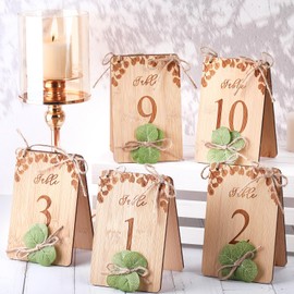 Chunful Wooden Wedding Table Numbers 1-10 for Wedding Reception, 4"x6" Rustic Eucalyptus & Floral Table Number Double-sided Signs for Centerpiece, Banquet, Party Decoration (Leaves Style)