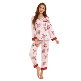 FIND BLUE Womens Silk Satin Pajamas Set Long Sleeve Two-Piece Sleepwear Button-Down Pj Set (XL, Peony Pink)
