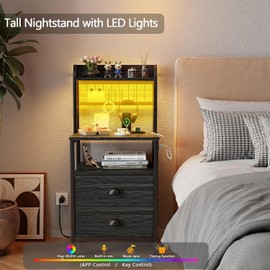 Furologee 40'' Tall Nightstand with Charging Station, Bedside Table with LED Lights, End Table with 2 Drawers and Storage Shelves, Night Stand with Pegboard for Bedroom, Black Oak