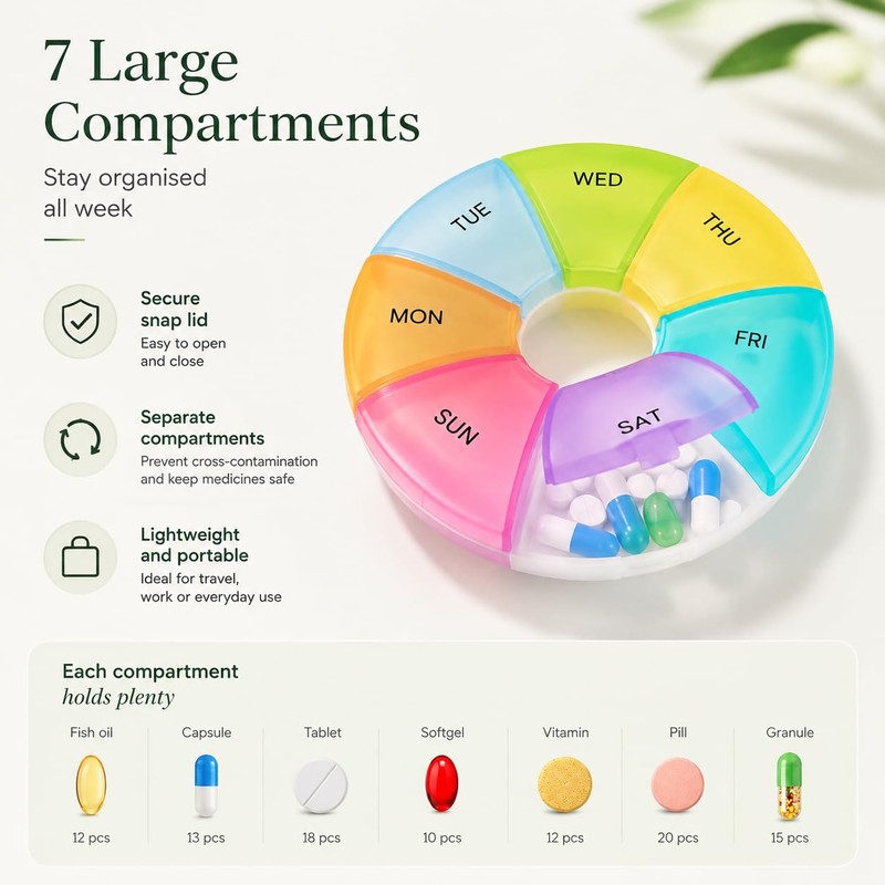 7 Day Pill Box Organiser Round Compact Travel Pill Box,