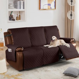 KinCam Waterproof Recliner Sofa Cover, Non-Slip Reclining Couch Covers for 3 Seat, Recliner Couch Cover Furniture Protector with Elastic Straps for Pets, Kids, Coffee