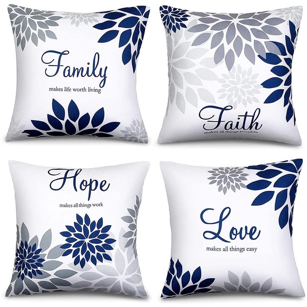 ZHILING Set of 4 Cushion Covers 45 x 45cm Navy style Family Faith Hope Love Words Pillow Cases Decorative Spring Summer Throw Pillow Covers for Sofa Bed Decor Square 18x18 Inches Throw Pillow Cases