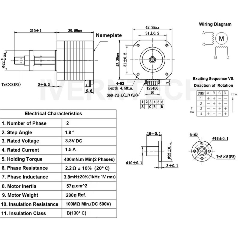 Iverntech NEMA 17 Stepper Motor with Integrated 210mm T8 Lead