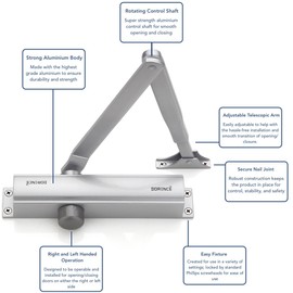 Automatic Adjustable Spring Hydraulic Auto Door Closer Medium/Heavy Duty Designer Residential/Commercial Door Closer. Model DI 100S Silver. Premium and Durable Cast-Iron Construction Materials.