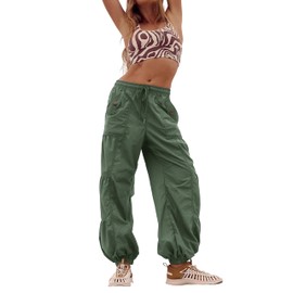 Bankeng Parachute Pants for Women Cargo Pants with Pockets Elastic Waist Drawstring Baggy Hiking Pants(Army Green,M)