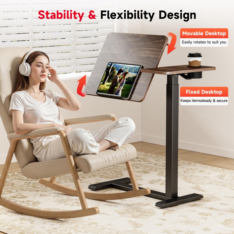 Okin Overbed Bedside Table with Wheels, Adjustable Medical Tilt Top