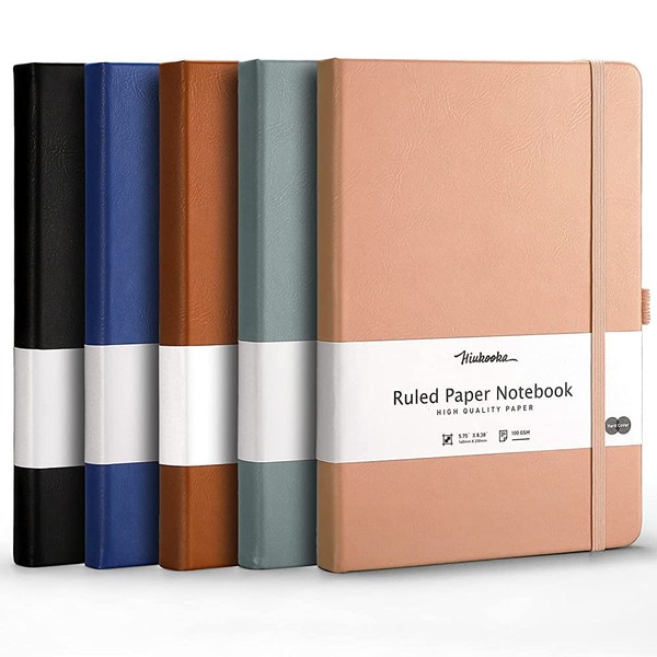 HIUKOOKA 5 Pack College Ruled Journal Notebook, A5 Hardcover Lined Notebook, 188 Numbered Pages, 16 Perforated Pages, Leather Journal for Writing Office School Business, 5.75'' x 8.38'' - Multicolor