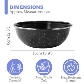 Navoys 2 Enamel Camping Bowls - Black, Heat Resistant, Ideal Accessory for Camping, Picnic, Hiking, Fishing (2 Bowls)