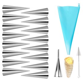 Joyeee 16 Pack Stainless Steel Cream Horn Molds Mini, With Piping Bags Reusable, Cream Icing Piping Nozzle Tip Long and Cleaning Nozzle Brush Baking Accessories Decorating Tool, 3.4 Inch