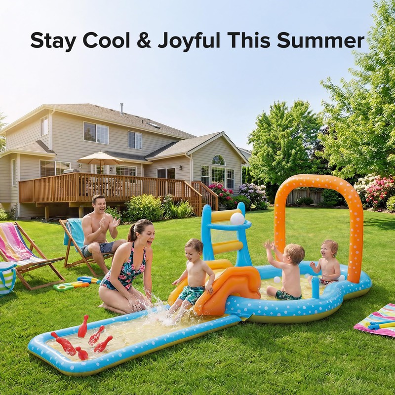 Inflatable Kiddie Pool with Dual Slides, Kids Splash Pool Play