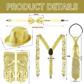 TUIBEIDAMAI Glitzer Outfit Herren,Glitzer Accessoires Herren,Glitzer Kostüm Herre,mit Pailletten Hosenträger,Pailletten Fliege,krawatte,Handschuhe,Pailletten Kostüm Gold für Fasching Party Dance Performance