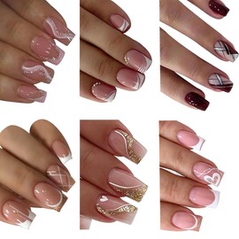 6 Packs (144 Pcs) Press on Nails Square Fake Nails French Tip Press on Nails Medium Nails Press ons,Glitter Acrylic Glue on False Nails Shiny Stick on Nails for Women Manicure 12 Size - 6 Style