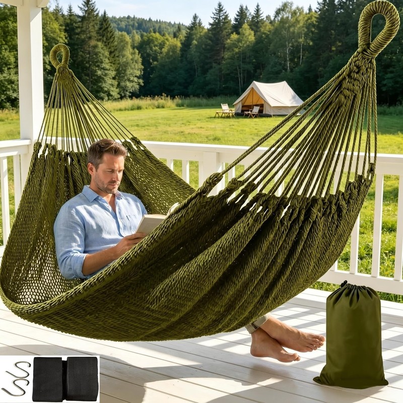 Mayan Handwoven Hammock, 2 Person, 500 lb, Cotton Nylon Rope
