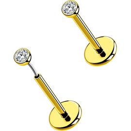 OUFER 2Pcs Nose Studs, 20G G23 Solid Titanium Threadless Stud Earrings Flat Back Tiny CZ 2MM Gold Nose Earrings for Women Men-6MM