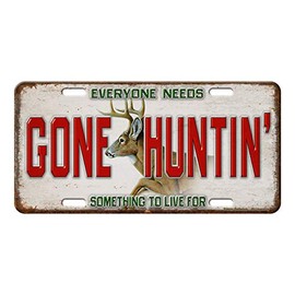 Rivers Edge Products License Plate, Front License Plate Tin Metal Car Decoration Gift, 12 Inches by 6 inches Novelty Vanity Plate with 4 Holes for Car, Truck, SUV, Van, and RV, Gone Huntin'