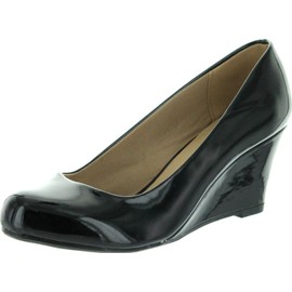 Forever Link Women's DORIS-22 Patent Round Toe Wedge Pumps Black 10