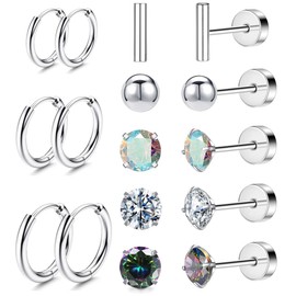 Versatile 8 Pairs Titanium Earrings for Sensitive Ears - Dot Ball Opal Cubic Zirconia, 20 Gauge, Pure Titanium Stud and Hoop Earrings Set - G23 Titanium Earrings with Flat Back for Women (C-Silver)