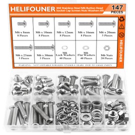 HELIFOUNER 147 Pieces M6 x 8mm /10mm /12mm /16mm /20mm /25mm /30mm, Button Head Socket Cap Screws Bolts Washers Nuts Kit, 304 Stainless Steel