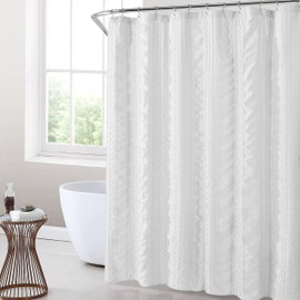 HIG White Tufted Shower Curtain - Seersucker Striped Modern Bathroom Curtain, Boho Design Elegant Curtains, Elevate Your Bathroom Decor - 72x72 Inch, 100% Polyester Microfiber(N60014)