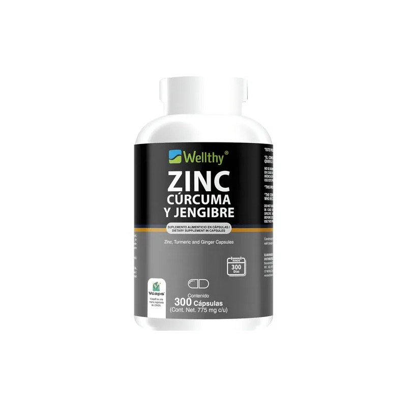 Wellthy Zinc, Cúrcuma Y Jengibre 300 Cápsulas. Sabor Sin Sabor