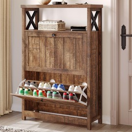 YITAHOME Shoe Cabinet with 2 Flip Drawers, Entryway Shoe Storage Cabinet with Open Shelves, Free Standing Hidden Shoe Rack Storage Organizer for Entryway/Hallway/Closet, Brown