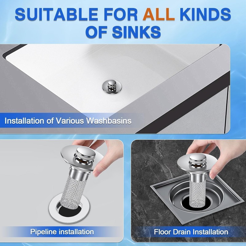 Bathroom Sink Stopper, Stainless Steel Removable Drain Strainer, Hair Catcher