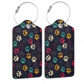 Animal Paw Print Luggage Tag,Colorful Dog Cat Luggage Tags of Set 2 Leather Identifiers Privacy Cover with Stainless Steel Loop for Women Men Travel Bag Suitcase