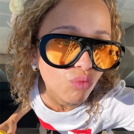 ADE WU Trendy Designer Inspired Aviator Style Sunglasses Retro 70s Thick Flat Top Filot Sun Glasses, Black Frame Yellow Lense