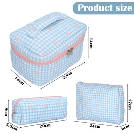 Set of 3 Women's Cosmetic Bags Toiletry Bag with Floral Pattern, Toiletry Bag, Make Up Bag, Portable Makeup Bag, Wash Bag, Large Women Girls for Everyday Use and Travel, blue chequered
