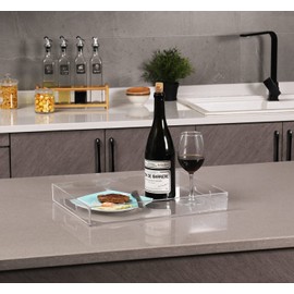 Sooyee Clear Acrylic Tray Decorative,16" x 12" Plastic Serving Trays for Coffee Table,Kitchen,Bathroom,Food,Vanity Countertop,Large Ottoman Tray with Handles