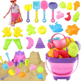 Nasjac Juguetes de Playa Niños, 40PCS Juguetes de Arena Incluye Cubo Arena y Pala Plegable, Juguete para Piscina Niños, Crab/Turtle/Dinosaurio/Helado, Regadera, Bolsa del Malla, Regalos Día del Niño