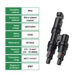 Y Connector Male/Female, Solar Photovoltaic Connector, T-type Solar Plug, Solar Panel Cable Connector (4P 1Y2)