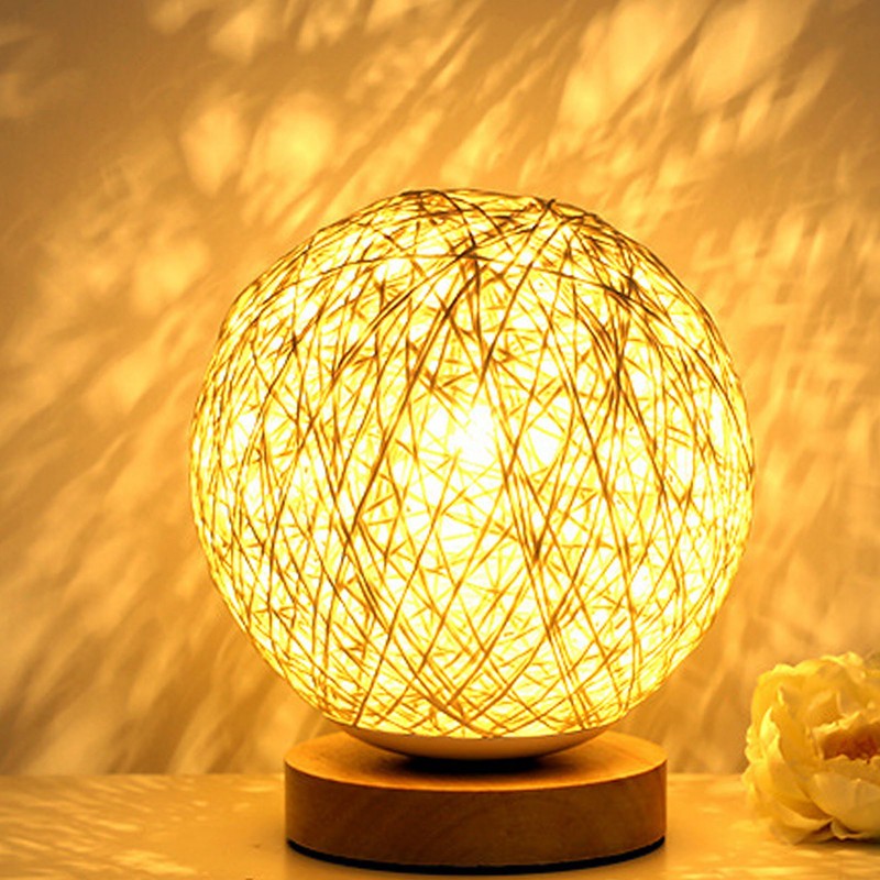 LED Bedside Table Lamp Dimmable 3W Creative USB Rattan Ball