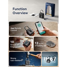 NexusLab Candado combinado de huellas dactilares con control de aplicación TUYA, IP67 impermeable, 10 huellas dactilares, grillete de acero inoxidable para viajes, clóset de gimnasio y puertas al aire