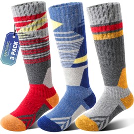 ANTSANG 3 Pairs Kids Merino Wool Ski Socks Boys Girls Thermal Warm Thick Winter Cushioning Socks for Snowboarding Skiing(Mixed Stripe Colors,4-7 Years)