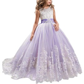 TTYAOVO Girls Embroidery Princess Dress Wedding Birthday Party Long Tail Prom Gowns Size(150) 10-11 Years Purple