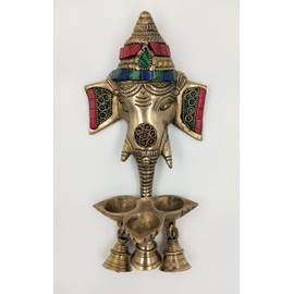Artvarko Brass Ganesha Wall Hanging Puja Idol Oil Lamp Three Diyas and Bells 9.5 inch