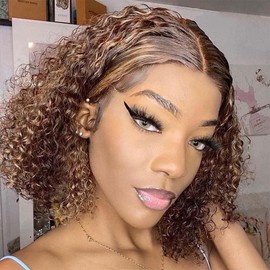 FASHION IDOL Deep Wave Bob Human Hair Wig, Short Curly Lace Front Wig, Curly Bob Wigs for Women, HD T Part Lace Front Wigs, Pre Plucked, 150% Density