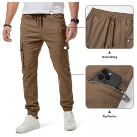 JMIERR Men's Cargo Pants Drawstring Stretch Waist Twill Joggers Trousers with Zipper Pockets, M, Earth Brown