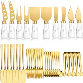 38 Pieces Gold Cheese Knife Set Marble Handle Butter Spatula Knives Cheese Spreader Cutter Cheese Shaver and Fork with Mini Serving Tongs Spoons and Fruit Forks for Charcuterie Board Accessories