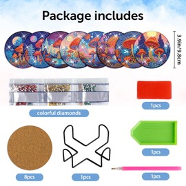 Dmiuhbl 8Pcs Diamond Painting Coasters Kit with Holder Cork Pad,Mushrooms Diamond Art Coasters Kit for Beginners Adults & Kids Small Diamond Painting Craft Supplies DIY