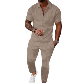 UOUA Mens Sweat Suits Set Tracksuit 2 Piece Outfits Short Sleeve Casual Sweatshirt & Loose Jogging Pants Polo Track Suit Loungewear Athletic Sweatsuit Khaki 2XL