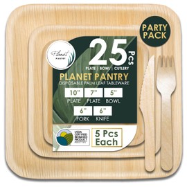 Planet Pantry Party Pack 25 Pcs, Compostable Biodegradable Plates - 10" & 7" Square Plates, 5" Bowls, Knives & Forks - 5 Pcs Each, Disposable Palm Leaf Bamboo Tableware for Party Appetizer Camping