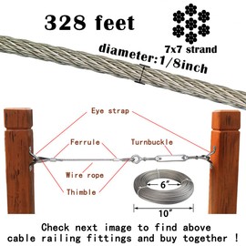 Muzata 330Feet 1/8inch Stainless Steel Wire Rope Aircraft Cable Railing Decking 7x7 Strand Indoor Outdoor DIY Balustrade String WR01,WP1