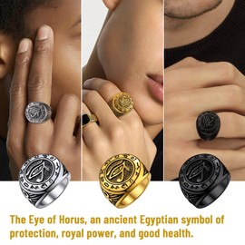 Black Wedjat Eyes Ring For Women Men, Stainless Steel Eye of Horus Rings Size 8