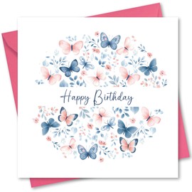 Birthday Card. Butterfly Design. Supplied with Pink Envelope. 150x150mm when folded.