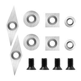 8Pcs Tungsten Carbide Cutters Inserts Set for Wood Lathe Turning Tools, (11mm Square + 12mm Round + 8.9mm Round + 30x10mm Diamond) with 4 Screws