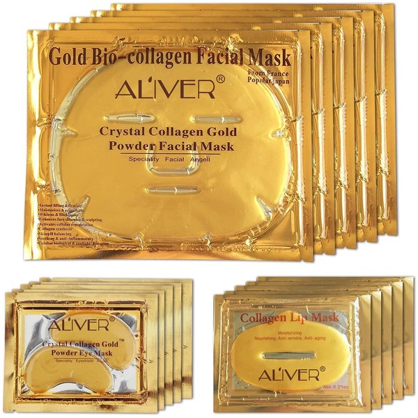 24K Gold Bio Collagen Crystal Face Mask + Eye Mask + Lip Mask, Anti ageing Skin Care (5pairs/set)